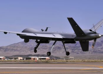 Photo available by the U.S. Air Force shows a remotely piloted MQ-9 Reaper taking off for a training flight at Creech Air Force Base in Nevada.[Shutterstock Image]