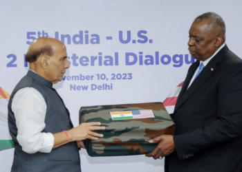Defence Minister Rajnath Singh and US Secretary of Defence Lloyd Austin after their bilateral meeting