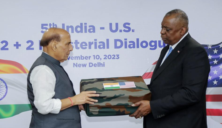 Defence Minister Rajnath Singh and US Secretary of Defence Lloyd Austin after their bilateral meeting