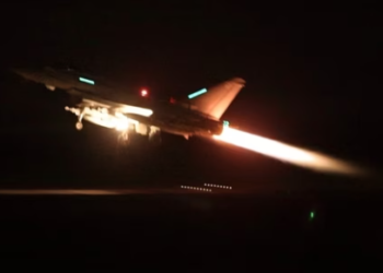 RAF Typhoon aircraft taking off from RAF Akrotiri in Cyprus, for a mission to strike targets in Yemen.