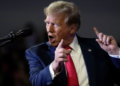 Republican presidential candidate former President Donald Trump speaks at a Get Out