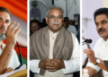(Left to right) Congress leaders Rahul Gandhi, Bhupesh Baghel and KC Venugopal.(PTI)