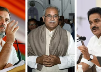 (Left to right) Congress leaders Rahul Gandhi, Bhupesh Baghel and KC Venugopal.(PTI)