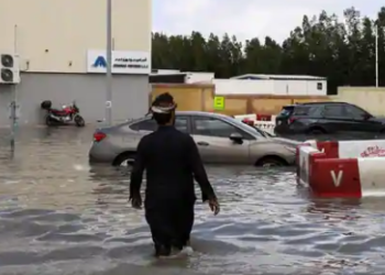 A person walks towards cars stranded in flood water caused by heavy rains, in Dubai.(REUTERS)