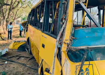 Wreckage of a school bus after an accident near Mahendragarh, in Narnaul district, Haryana. (PTI)