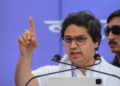 BSP national coordinator Akash Anand addresses a public meeting ahead of the Lok Sabha elections in Agra on April 11. (PTI)