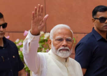 Prime Minister Narendra Modi gestures upon his arrival at the Parliament House complex in New Delhi on June 24, 2024. (PTI)