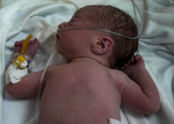A Palestinian baby boy, not yet named, who was delivered prematurely after his mother Ola al-Kurd was killed in an Israeli strike, lies in an incubator at a hospital in Deir al-Balah(AP)