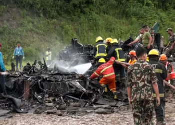Fire services and Nepal Police personnel at the Tribhuvan International Airport