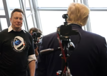 U.S. President Donald Trump and Elon Musk are seen at the Firing Room Four after the launch of a SpaceX Falcon 9 rocket