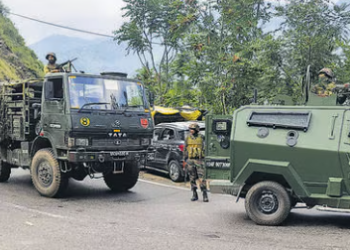 Army personnel near the site of the encounter in Doda district. (PTI)