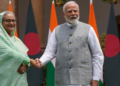 Prime Minister Narendra Modi, right, shakes hand with former Bangladeshi counterpart Sheikh Hasina before their delegation level meeting in New Delhi on June 22. (AP,File Photo)