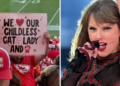 On Sunday, Taylor Swift greeted the fan holding the "we love our childless car lady" banner with a kiss as she burst out laughing on seeing it.(X/AP)