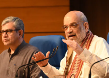 Union Home Minister Amit Shah with Minister of Railways, Information & Broadcasting, Electronics & Information Technology Ashwini Vaishnaw. (HT PHOTO)