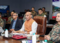 Defence minister Rajnath Singh with Army Chief General Upendra Dwivedi, Defence Secretary RK Singh and General Officer Commanding-in-Chief, Eastern Command Lt Gen Ram Chander Tiwari during the virtual inauguration of 75 BRO infrastructure projects at Sukna in Darjeeling on Saturday. (Ministry of Defence)