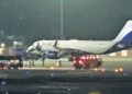An IndiGo aircraft after it made an emergency landing following a bomb threat, at Jaipur airport on Tuesday. (PTI)