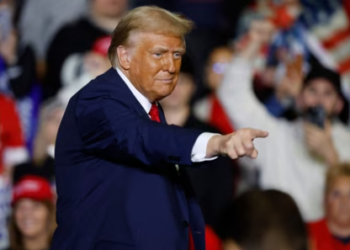 Republican presidential nominee, former President Donald Trump points at a campaign rally at The PPL Center on October 29, 2024 in Allentown, Pennsylvania.(Getty Images via AFP)