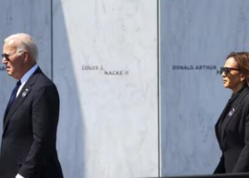 President Joe Biden and Democratic presidential nominee Vice President Kamala Harris arrive at the Flight 93 National Memorial on the 23rd anniversary of the Sept. 11, 2001 attacks in Shanksville (AP)