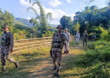 Security personnel during a search operation and area domination in the vulnerable areas of hill and valley districts of Manipur. (PTI file photo)