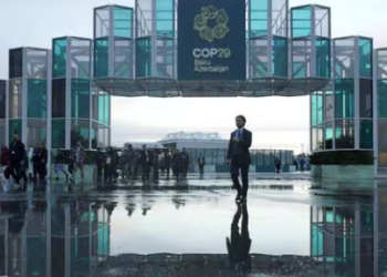 Attendees arrive for the day at the COP29 UN Climate Summit on November 14 in Baku, Azerbaijan. (AP)
