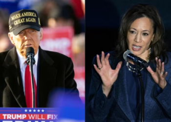 This combination of pictures created on November 03, 2024 shows, L-R, former US President Republican presidential candidate Donald Trump speaking during a campaign rally in Kinston, North Carolina, on November 3, 2024 and US Vice President and Democratic presidential nominee Kamala Harris speaking during a service at Greater Emmanuel Institutional Church of God in Christ in Detroit, Michigan, on November 3, 2024. (Photo by Ryan M. Kelly and ROBERTO SCHMIDT / AFP)(AFP)
