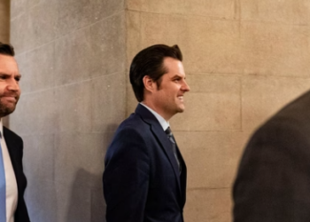 Former Representative Matt Gaetz, US attorney general nominee for US President-elect Donald Trump, center, departs with Senator JD Vance, a Republican from Ohio and US Vice President-elect, left, following meetings with Republican Senators at the US Capitol in Washington, DC, US,(Bloomberg)